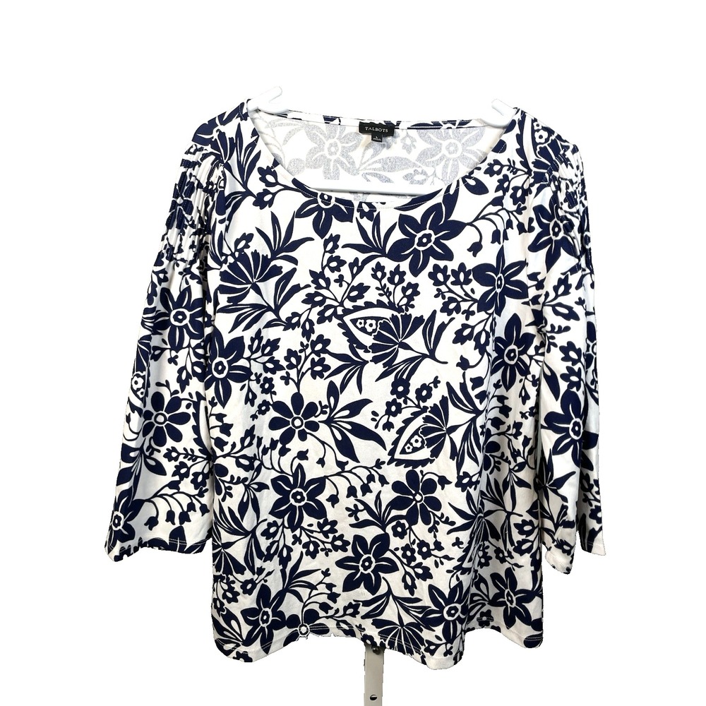 Talbots Blue Shirt Large Stretchy Floral Navy Blue White Office Career Party